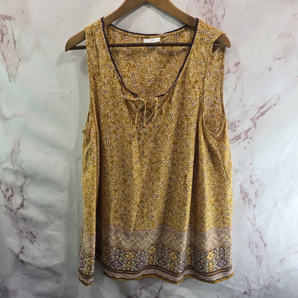 J Jill Tank Top Womens XL Yellow Mustard Paisley Scoop Notch Tie Peasant Boho